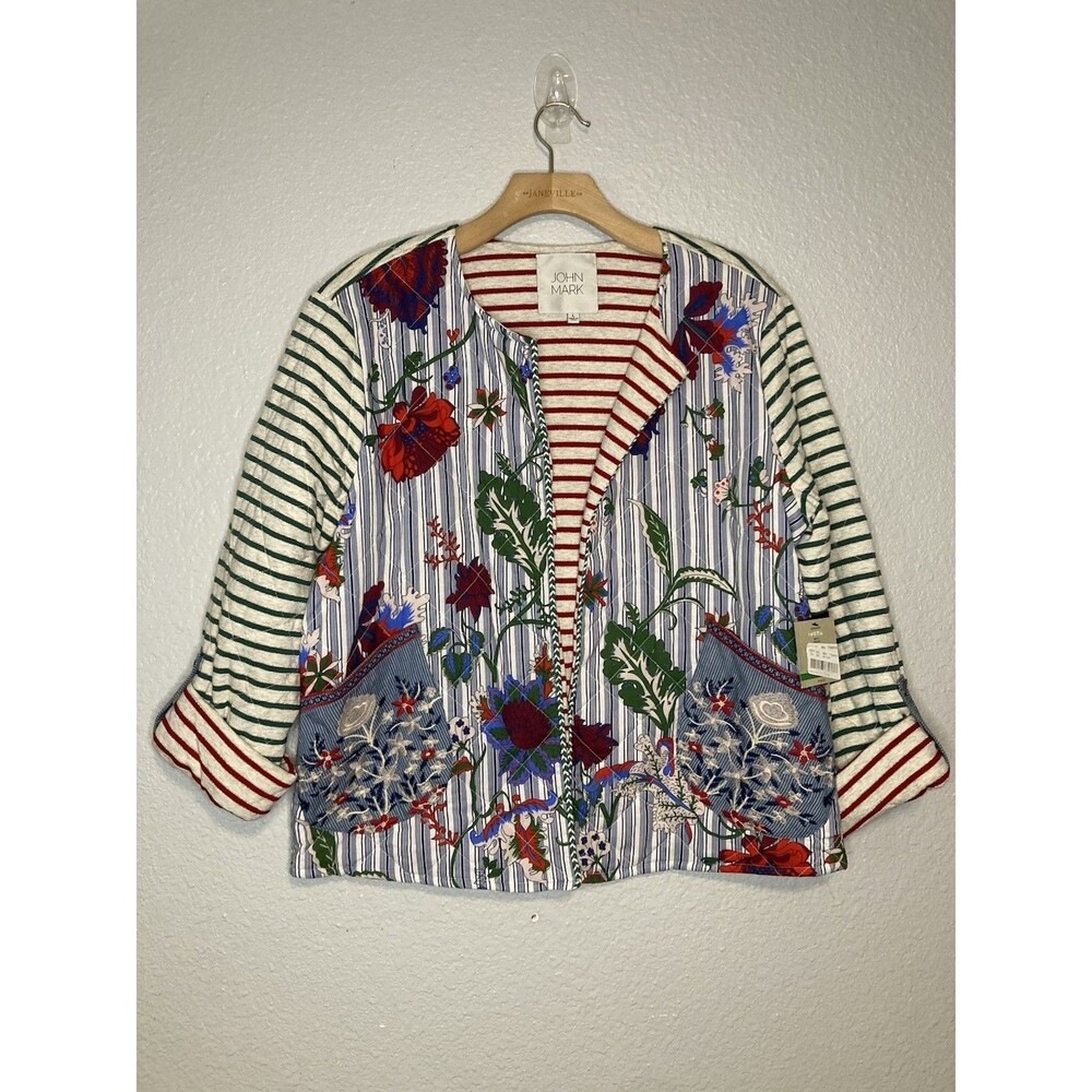 John Mark Embroidered Jacket Open Blazer Quilted Floral Cottagecore L NWT $139